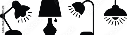 Collection of four black silhouette lamps emitting light rays