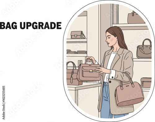 Woman shopping for handbags in a store, fashion and retail concept