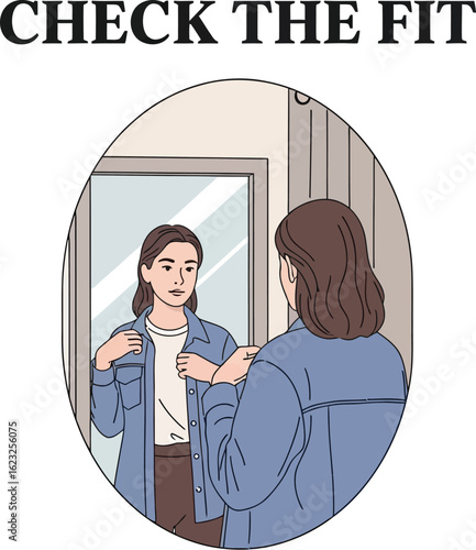 Woman Checking Fit of Shirt in Mirror, Reflection, Fitting Room