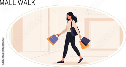 Woman walking with shopping bags in mall, consumerism and retail