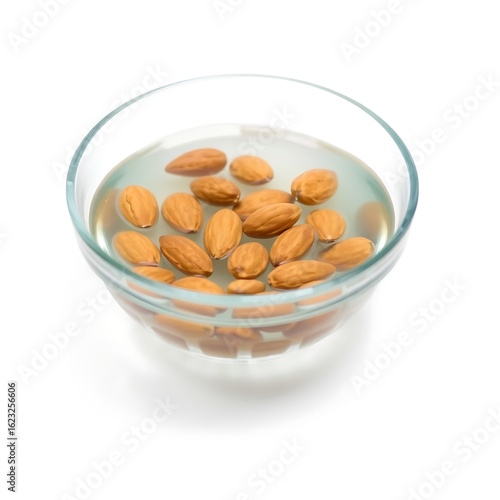 Whole raw almonds soaking in clear water in a glass bowl