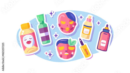 Cute skincare beauty products face mask serum lotion cosmetic treatment for healthy glowing skin routine