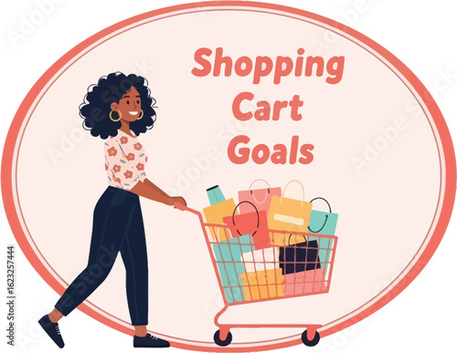 Shopping cart goals with woman pushing full cart of shopping bags