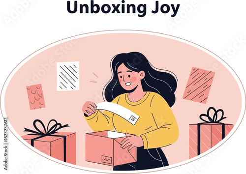 Woman unboxing gifts with a happy expression on a pink background