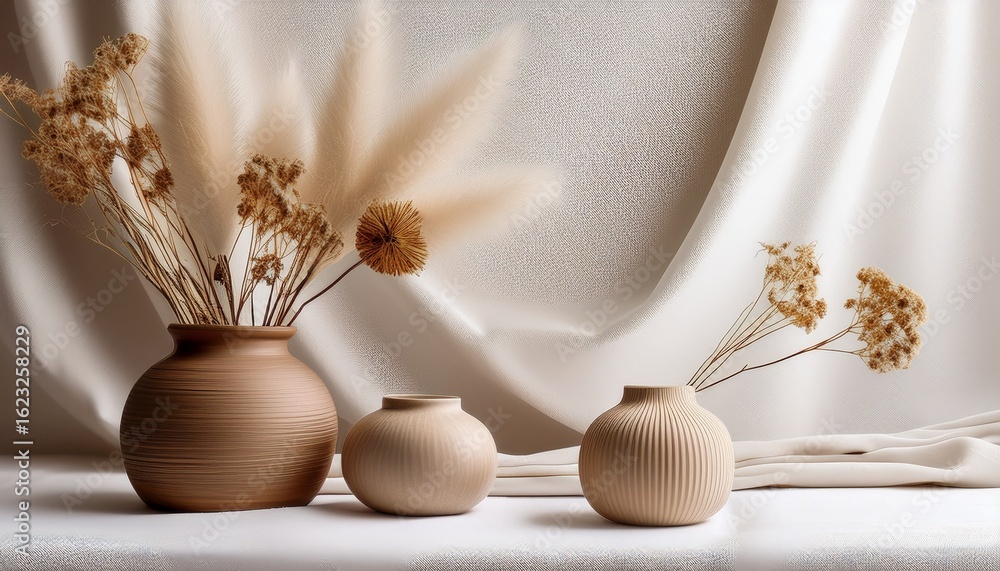 Obraz premium minimalist vases and dried flowers on soft white fabric background