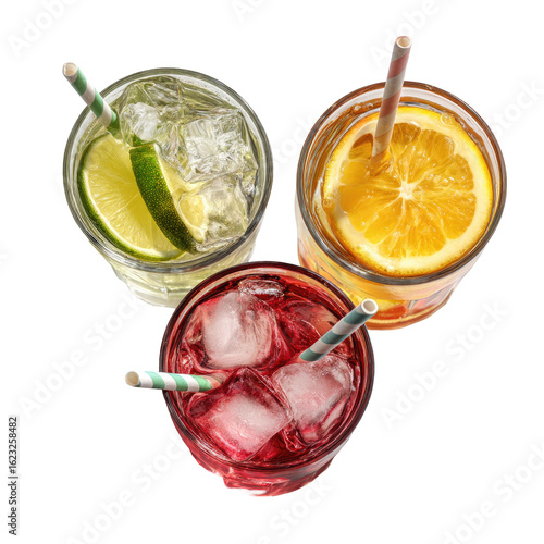 Three chilled drinks in glasses, top view