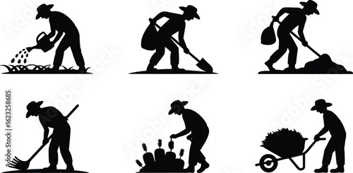 Silhouettes of a farmer engaged in various gardening and farming activities