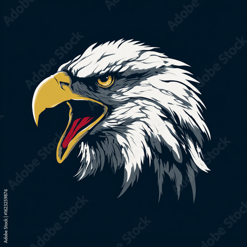 Illustration of an angry bald eagle head with open beak on dark background