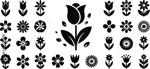 Collection of black and white floral silhouettes and folk art flower designs