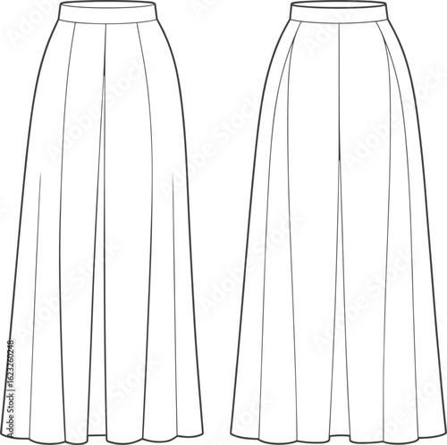 Long skirt cad drawing flat vector illustration, front and back technical sketch, pleated flowy design, women’s fashion garment, clothing template mockup