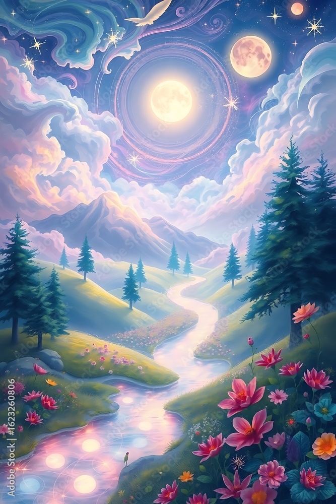 Fototapeta premium Enchanting surreal landscape with glowing river and celestial sky