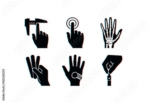 six different glitch effect illustration isolated on white backgorund fingers joint flexometer fingers touch interface fingers phalange model fingers nail file kit fingers ring sizer