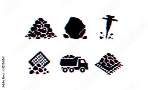 six different glitch effect illustration isolated on white backgorund rubble collapsed brick heap rubble concrete fragment rubble rock breaker hammer rubble sifting mesh rubble removal