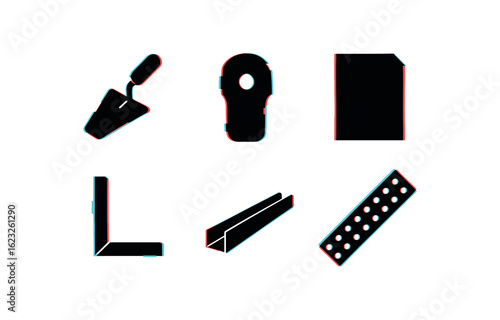 six different glitch effect illustration isolated on white backgorund plaster trowel stud finder drywall sheet corner bead furring channel lathe strip