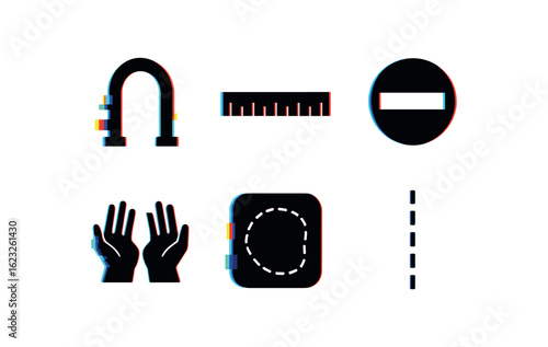 six different glitch effect illustration isolated on white backgorund borders checkpoint borders margin measuring ruler borders no entry signage icon borders treaty line plot borders