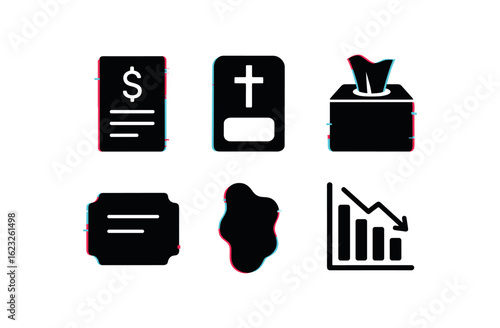 six different glitch effect illustration isolated on white backgorund loss ledger entry loss bereavement card loss grief counseling kit loss memorial plaque loss residue trace loss