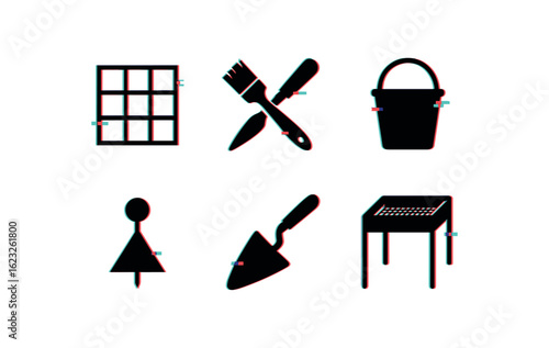 six different glitch effect illustration isolated on white backgorund excavation trench grid excavation brush set excavation trowel excavation bucket line excavation datum point excavation