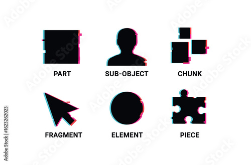 six different glitch effect illustration isolated on white backgorund part section header part sub object item part chunk group part fragment node part element cell part piece cluster