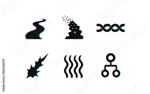 six different glitch effect illustration isolated on white backgorund stream river current stream particle flow stream thread pool stream plasma channel stream heat flux stream transaction