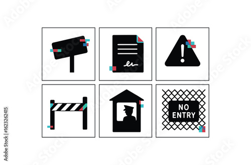 six different glitch effect illustration isolated on white backgorund border demarcation tape border margin indicator border threshold gauge border treaty document border guard post border