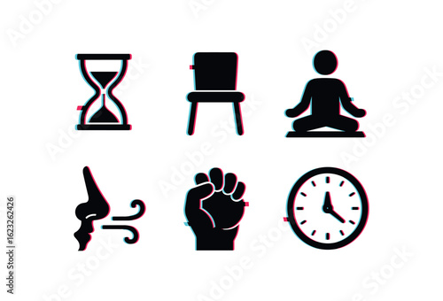 six different glitch effect illustration isolated on white backgorund patience hourglass timer patience waiting room chair patience meditation mat patience breath indicator patience stress