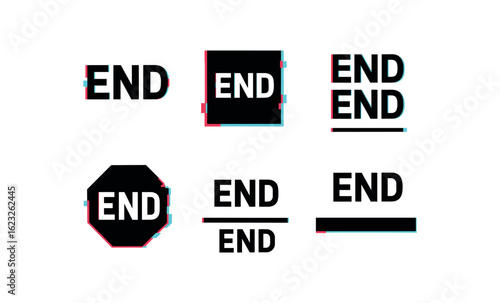 six different glitch effect illustration isolated on white backgorund end point coordinate end game screen end of file token end mirror finish end stop switch end boundary line