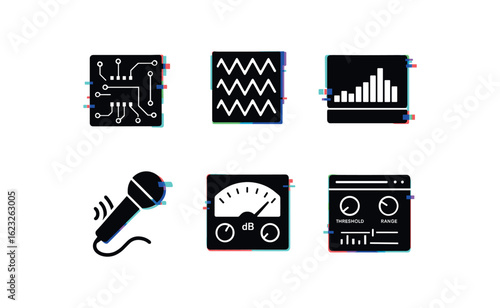 six different glitch effect illustration isolated on white backgorund noise filter circuit noise suppression foam panel noise spectrum analyzer noise cancellation microphone noise floor