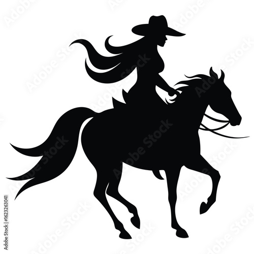 Silhouette of a cowboy woman with flowing hair riding a beautiful galloping horse is transparent