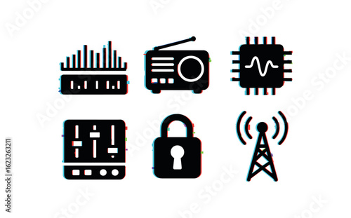 six different glitch effect illustration isolated on white backgorund radio spectrum analyzer radio broadcast encoder radio modulation chip radio station console radio encryption unit radio