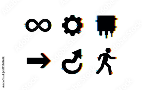 six different glitch effect illustration isolated on white backgorund automatism reflex loop automatism habit circuit automatism trigger module automatism response vector automatism