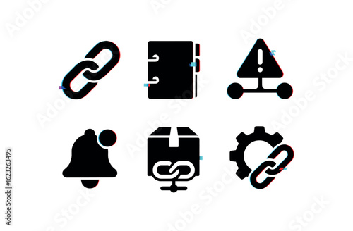 six different glitch effect illustration isolated on white backgorund dependency checker dependency module binder dependency conflict detector dependency update notifier dependency package