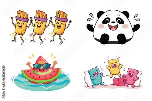 Vector art of set of four cheerful cartoon food characters including dancing french fries, laughing panda, swimming watermelon, and jumping gummy bears on a bed, isolated on white background.