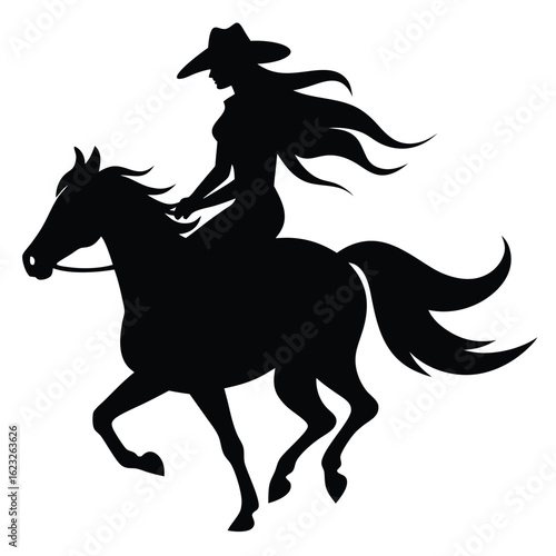 A cowgirl with long hair rides the black horse in silhouette format