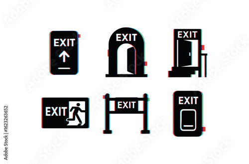 six different glitch effect illustration isolated on white backgorund exit keycard reader exit passage arch exit stairwell gate exit evacuation route chart exit safety rail exit override