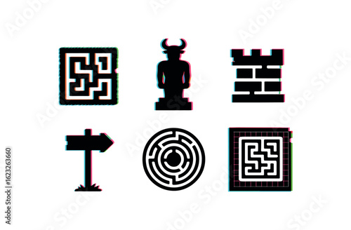 six different glitch effect illustration isolated on white backgorund labyrinth hedge maze map labyrinth minotaur statue labyrinth panel labyrinth path marker labyrinth aerial view