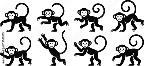 Collection of eight cartoon monkeys in various playful poses