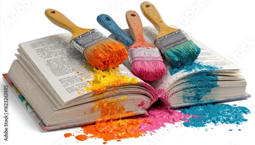 Open book with paint-splattered paintbrushes