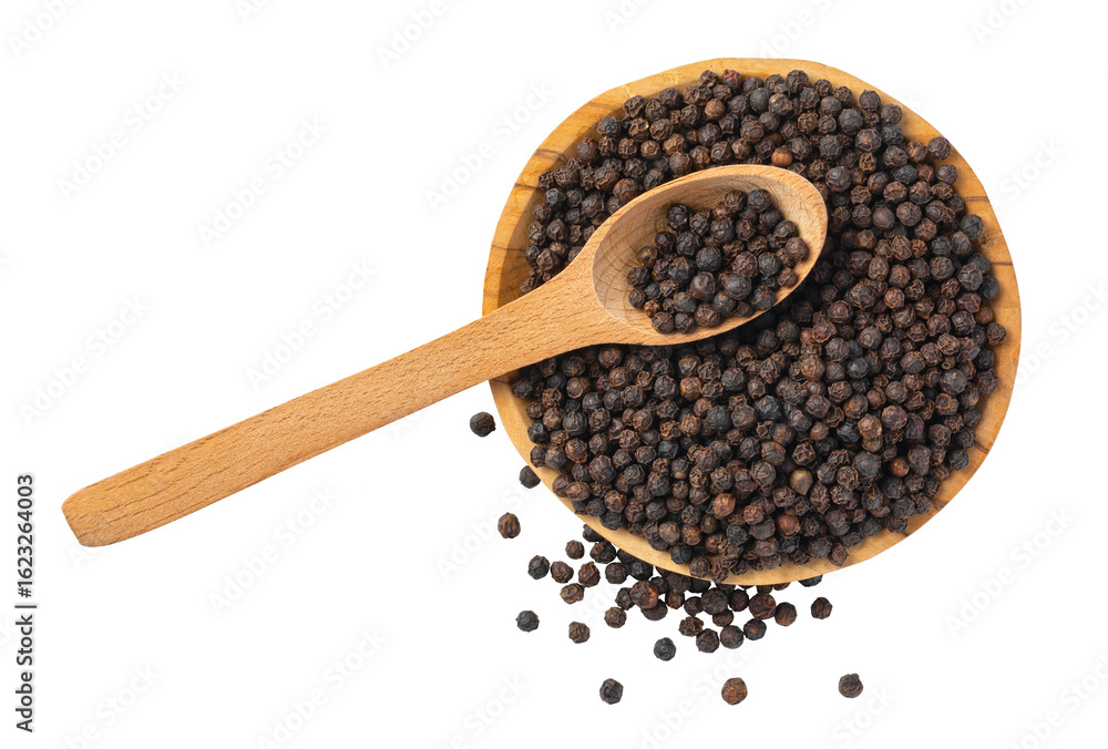 Fototapeta premium Wooden spoon resting on black peppercorns in bowl with transparent background
