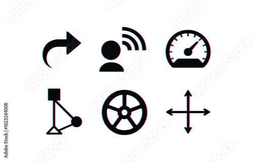 six different glitch effect illustration isolated on white backgorund movement vector path movement motion sensor movement speedometer gauge movement kinematic model movement inertia wheel