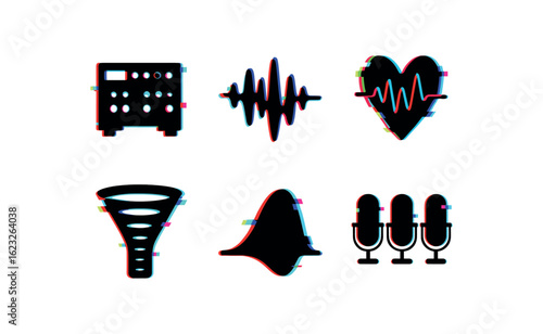 six different glitch effect illustration isolated on white backgorund echo reverberation algorithm echo voice feedback loop echo harmonic filter echo signal attenuator echo dispersion curve