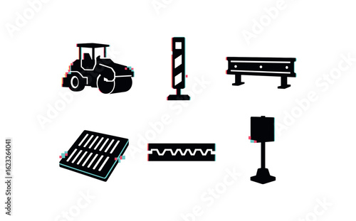 six different glitch effect illustration isolated on white backgorund tunnel support beam tunnel boring machine cutter tunnel access hatch tunnel seismic sensor tunnel drainage system
