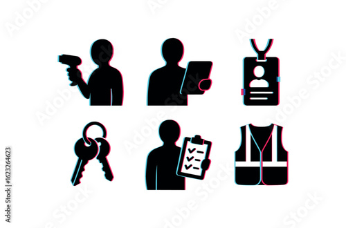 six different glitch effect illustration isolated on white backgorund warehouse clerk handheld scanner warehouse clerk inventory tablet warehouse clerk badge ID card warehouse clerk key