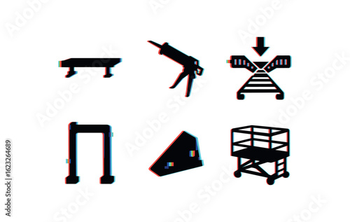 six different glitch effect illustration isolated on white backgorund shipping bay load balancer shipping bay sealant dispenser shipping bay conveyor merge shipping bay scanner arch