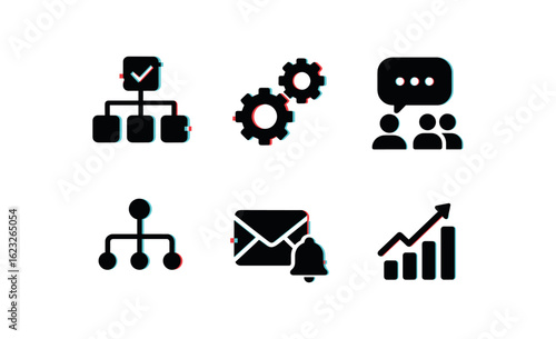 six different glitch effect illustration isolated on white backgorund organization system role matrix organization system workflow engine organization system collaboration hub organization