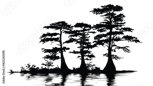 Silhouette of Swamp Trees Reflected in Water Black and White Minimalist Image Nature Landscape Scenery Evergreen Bald Cypress Pond River