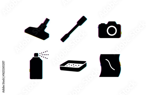 six different glitch effect illustration isolated on white backgorund dust vacuum nozzle dust sampling swab dust cleaner spray dust detection camera dust accumulation tray dust