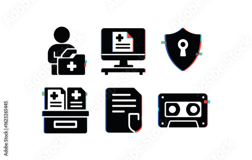 six different glitch effect illustration isolated on white backgorund filing patient records ledger filing patient records scan workstation filing patient records privacy seal filing