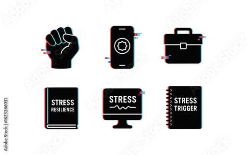 six different glitch effect illustration isolated on white backgorund stress relief squeeze ball stress reduction breathing app stress management workshop kit stress resilience training