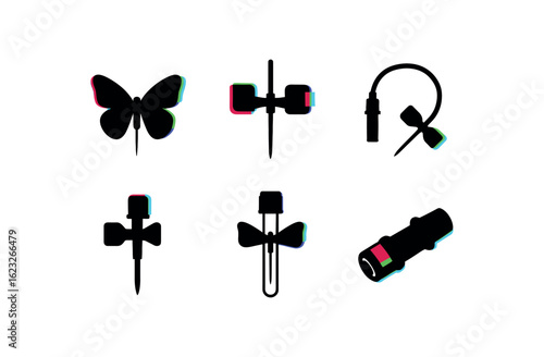 six different glitch effect illustration isolated on white backgorund butterfly needle wings butterfly needle catheter hub butterfly needle extension tubing butterfly needle safety shield
