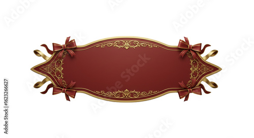 A decorative maroon banner with gold accents and maroon ribbons on a black background space for text